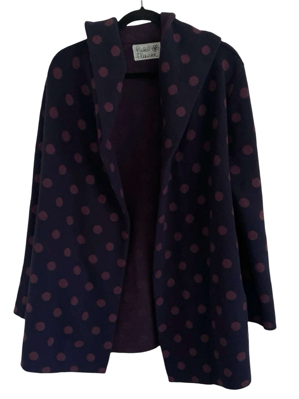 Field Flower Navy Blue 100% Wool Polka Dot Open Front Hooded Cardigan Coat Large